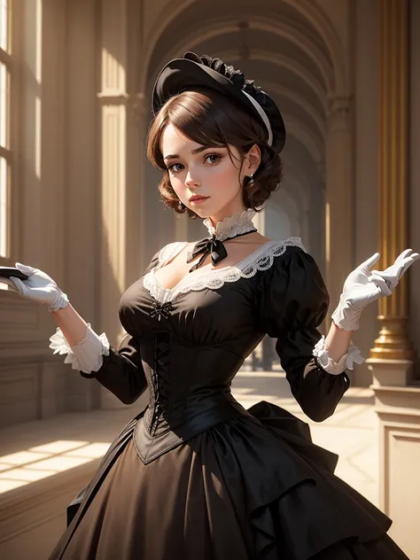  Woman, short brown hair, Black dress, long white gloves, set in the Victorian era 