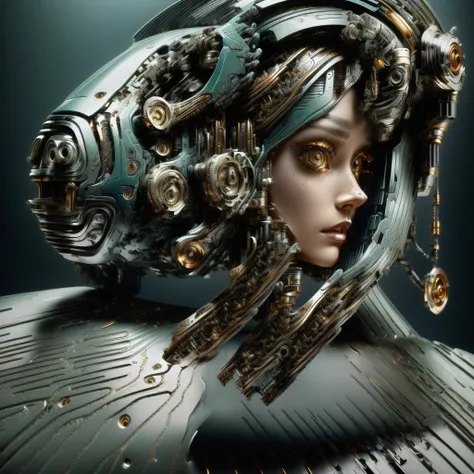 a close up of a person with a weird face and hair, intricate transhuman, humanoid woman, broken beautiful female android!, (best...