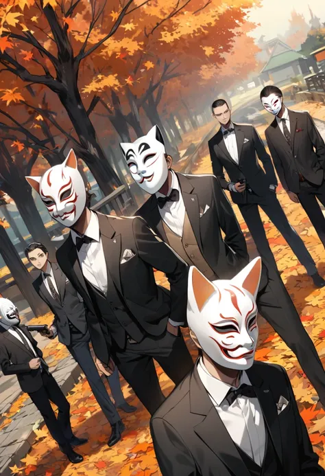 cat ears,Noh mask,mens suits,autumn,holding_handgun,group,