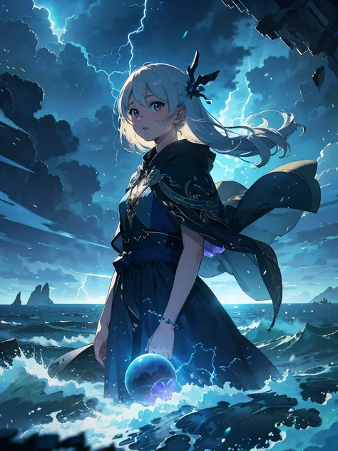 Best Quality, Super detailed, (Ultra-high resolution,8k), Ultra-high definition 4K, A majestic, otherworldly goddess, with flowing, platinum blonde hair and piercing, amethyst eyes, descends upon a stormy sea. She is clad in a form-fitting, dark blue gown ...