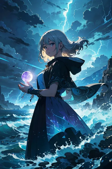 Best Quality, Super detailed, (Ultra-high resolution,8k), Ultra-high definition 4K, A majestic, otherworldly goddess, with flowing, platinum blonde hair and piercing, amethyst eyes, descends upon a stormy sea. She is clad in a form-fitting, dark blue gown ...