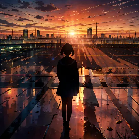 Best Quality, Super detailed, (Ultra-high resolution,8k), A silhouette of a lone female student in a sailor uniform, standing on a rooftop at sunset, overlooking the city skyline, with the warm glow of the setting sun casting long shadows