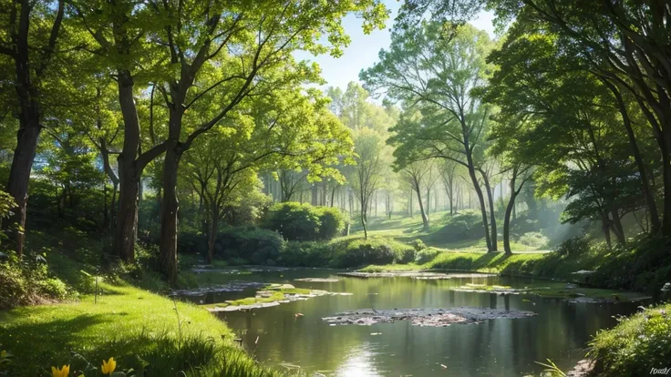 forest village in spring, sunny sky breaks through the crown of trees, pond next to houses, clearing in the forest, fantasy, dark botanical, realistic, depth of field, 64k, photorealism, high detail, general plan, crystals