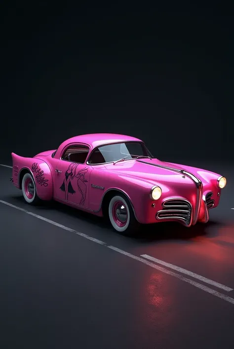 female car, no head, painted metal (pink), metallic vagina (exhaust pipe), white wheels, erotic drawings on the car, sexy curves, biologic interior, night road