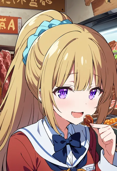 A woman holds a candy between her fingers,Wet candy,A saliva bridge between your mouth and the candy,Saliva thread, Moist eyes, half-open eyes,smile,harf-open mouth,Meat Festival,stall, Kei Karuizawa, yellow hair, long hair, ponytail, scrunchie, purple eye...