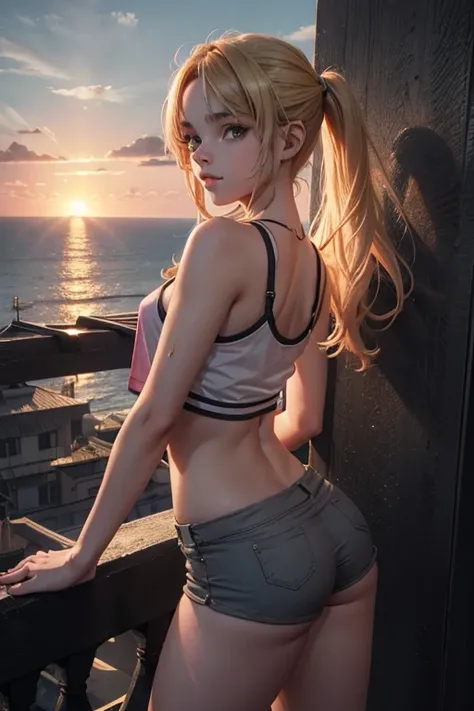 1gir, 13yo, cute, teenage girl, young girl, young body, slender body, blonde hair, wearing pink shorts, dark grey tank top, , looking at viewer, beautiful detail eyes, beautiful detail lips, small breasts, tight butt, thighs, dramatic lighting, cinematic c...