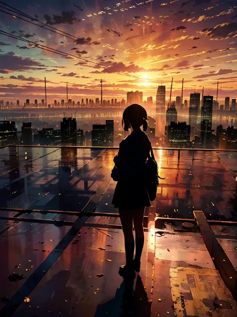 Best Quality, Super detailed, (Ultra-high resolution,8k), A silhouette of a lone female student in a sailor uniform, standing on a rooftop at sunset, overlooking the city skyline, with the warm glow of the setting sun casting long shadows