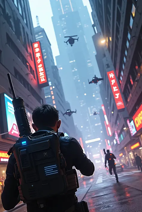 A high-tech, futuristic first-person shooter game set in a sprawling, neon-lit city. The player holds an advanced, sleek weapon with glowing blue energy lines, while drones and futuristic vehicles hover in the sky. The environment features towering skyscra...