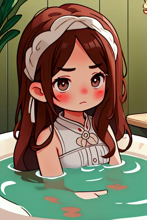 generates an image of a  with brown hair who is being bathed by her mother. The girl has a doubtful face.