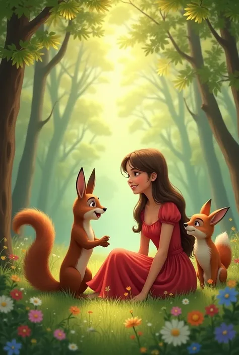 Image of a cozy forest landscape, where are 6-, with long brown hair in a red dress, sits on soft green grass. She smiles and talks to the different animals around her.. There is a cheerful squirrel next to her., a toy-like bunny peeking out from behind a ...