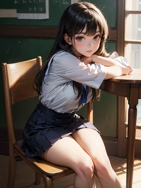 Miss High School Contest 2025 Finalists, Photogenic, Highly detailed beautiful face, Close up of a woman sitting backwards on a chair, wearing high school uniform, pixiv, shin hanga, curvy , realistic schoolgirl, girl sitting on chair, Fold your arms and l...