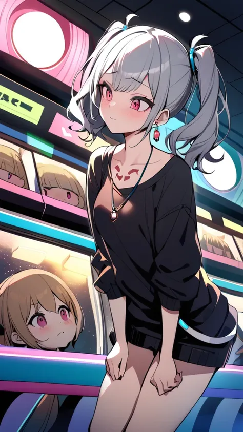 One girl, Holopunk Style, woman, masterpiece, Gray Hair, Best Quality, shy, Green, Messy twin tails, compensate, Dynamic pose, , Black Shirt, Open white sweater, , Earrings, Ruby Necklace, chest, , Collarbone Tattoo Game Center、Ahi Amusement Park、Late nigh...