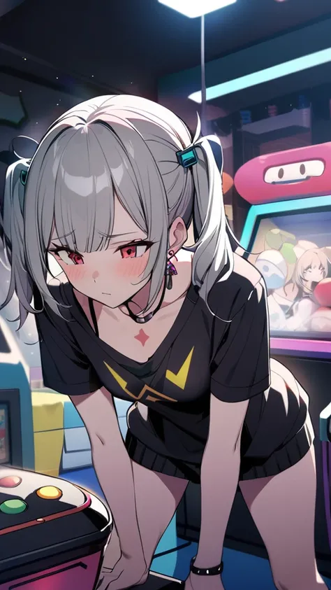 One girl, Holopunk Style, woman, masterpiece, Gray Hair, Best Quality, shy, Green, Messy twin tails, compensate, Dynamic pose, , Black Shirt, Open white sweater, , Earrings, Ruby Necklace, chest, , Collarbone Tattoo Game Center、Ahi Amusement Park、Late nigh...