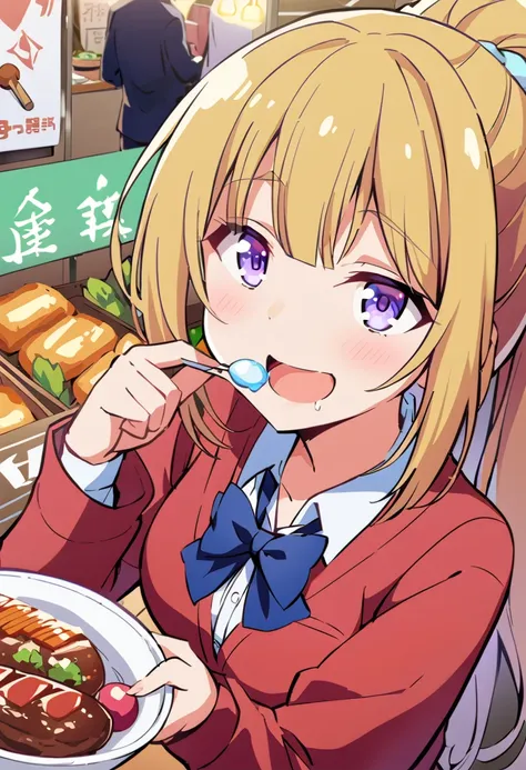 A woman holds a candy drop between her fingers,Wet candy drop,A saliva bridge between her mouth and the candy drop,Saliva thread, Moist eyes, half-open eyes,smile,harf-open mouth,Meat Festival,stall, Kei Karuizawa, yellow hair, long hair, ponytail, scrunch...