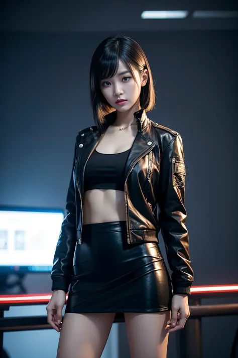 A woman in a short skirt and jacket posing for a photo., Cyberpunk art by Raymond Han, CG Social Trends, Digital Art, Chinese woman, Korean Girls, beautiful asian woman, asian woman, Young Asian Girl, Attractive girl, beautiful asian woman, korean woman, C...