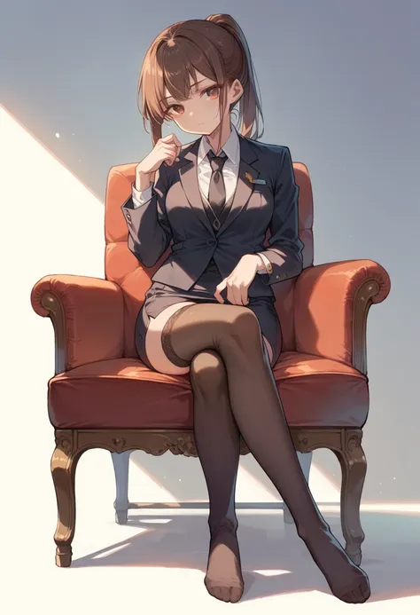 brown hair , brown eyes , black miniskirt , chair , black blazer , black tie , black stockings , sit , ponytail , frontal , full...