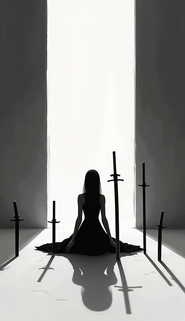 "A captivating image featuring a female minimalist shadow character seated in the lower part of the composition, surrounded by traditional Japanese weapons like katanas and shurikens. The setting is an endless void, evoking a dark and mysterious atmosphere...