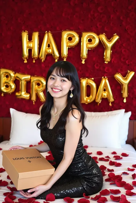 a hotel room is decorated to celebrate a birthday. the words “happy birthday” are made of gold balloons on the wall. above the b...