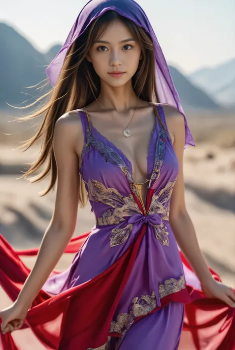 photo of Japanese girl, focus on the eyes, 1girl, long hair, brown hair, slim body shape, photograph showing head to knee, high contrast, faint smile

Woman in traditional Middle Eastern-style costume. She dances gracefully with her hands slightly bent. Sh...