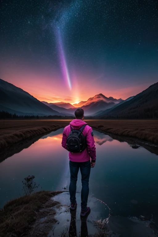 picture an open field after a rainstorm, where puddles mirror the sky. at the center, a young man in a bright red jacket stands ...