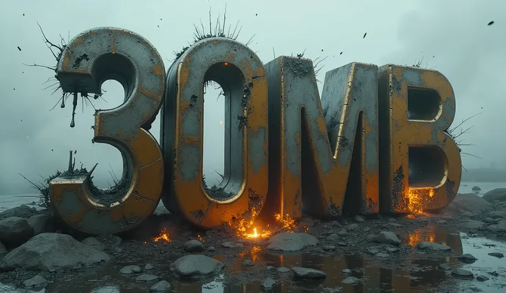 inscription in Russian "30", "Omb" у б верхнюю часть оторвало, Metal, gold, platinum, in the style of terminator, fog, smoke, glow, in techno style, laser beams, explosion