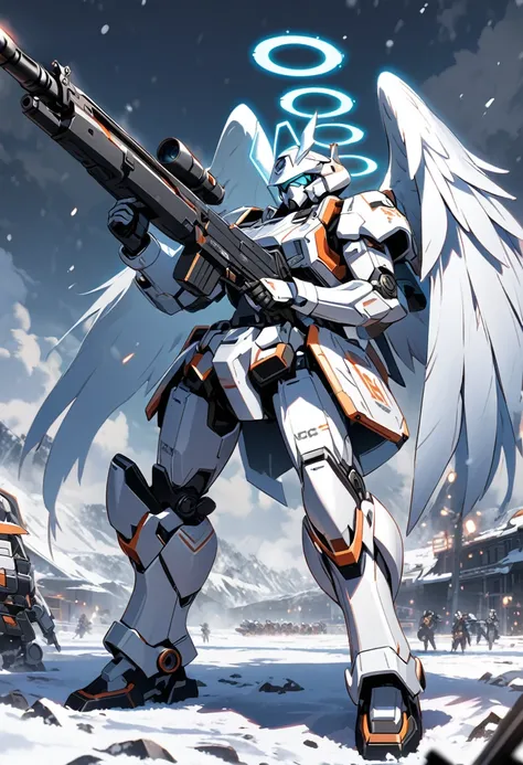 (score up_9, score up_8, score up_7,score up_6,score up_5,score up_4),source_anime, rating_safety,Masterpiece, best quality, hyper detailed, Super fine illustration, 8k, BREAK white Giant Robot,industry design,Angel Wings,Angel Halo,(holding_rifle:1.4),sho...