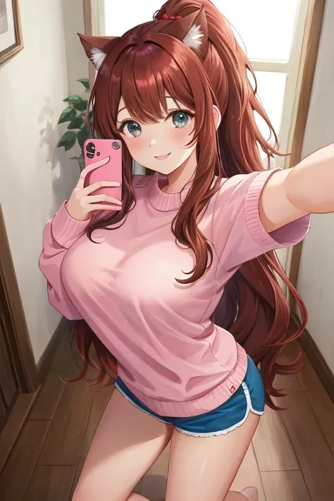 Uma garota bonita tirando uma Selfie com seu telefone, anime girl, Inside the house, brown hair, gradient hair with red tips, Long hair, ponytail, wavy hair, asymmetrical fringe, shiny hair, cat fur ornament, blue eyes, bright eyes, um olho fechado, bright...