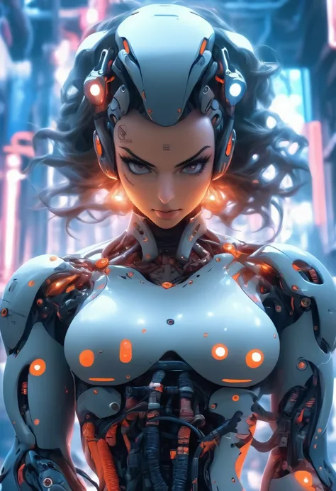 Full body, front view, looking at the camera, cyborg girl, cyberpunk, sexy, seductive, big breasts (((Masterpiece))), (((Best quality))), ((Superb details)), (Highly detailed CG illustrations), ((Extremely delicate and beautiful.)), (A lovely and delicate ...