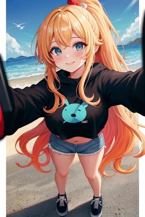 Uma garota bonita tirando uma Selfie com seu telefone, anime girl, top of the mountain, blonde hair, gradient hair with red tips, Long hair, ponytail, wavy hair, asymmetrical fringe, shiny hair, rabbit ornament, blue eyes, bright eyes, bright pupils, toys,...