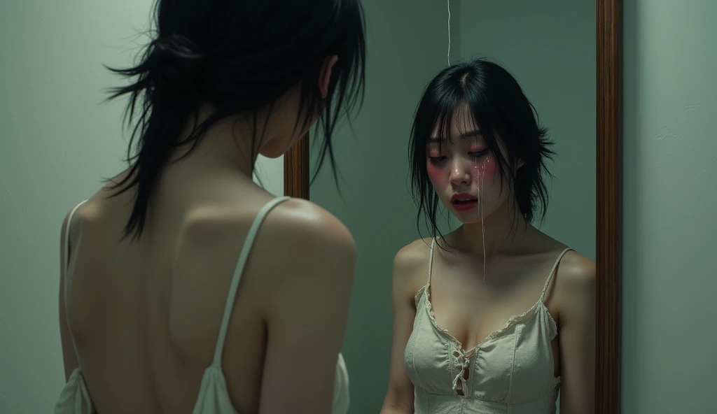 A Japanese busty woman’s clothes were torn and she was crying in the mirror