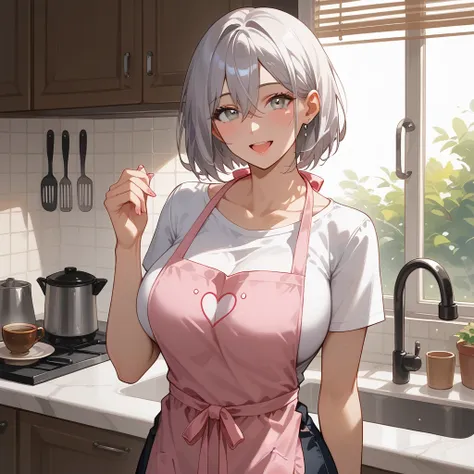 1girl, BREAK (glossy silver hair), (bob cut:1.2), bang between eyes, (glossy detailed silver eyes:1.2), (slender, busty), BREAK pink botanical print apron, white tunic, black skirt, happy, smile, BREAK 1girl, morning, sunny, kitchen, a coffee cup, she pour...