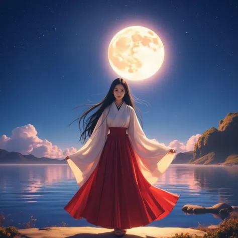 90s Cartoons, 1girl, solo, dress, full moon, hakama, hakama skirt, japanese clothes, moon, moonlight, outdoors, red hakama, skirt.
full body, photorealistic, Professional, perfect composition, intricate details, ultra-detailed