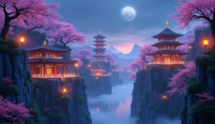 a beautiful fantasy night city landscape, intricate detailed architecture, towering pagodas, glowing lanterns, cherry blossom trees, mist-shrouded forest, dreamlike atmosphere, vibrant colors, dramatic lighting, cinematic composition, artistically stylized...