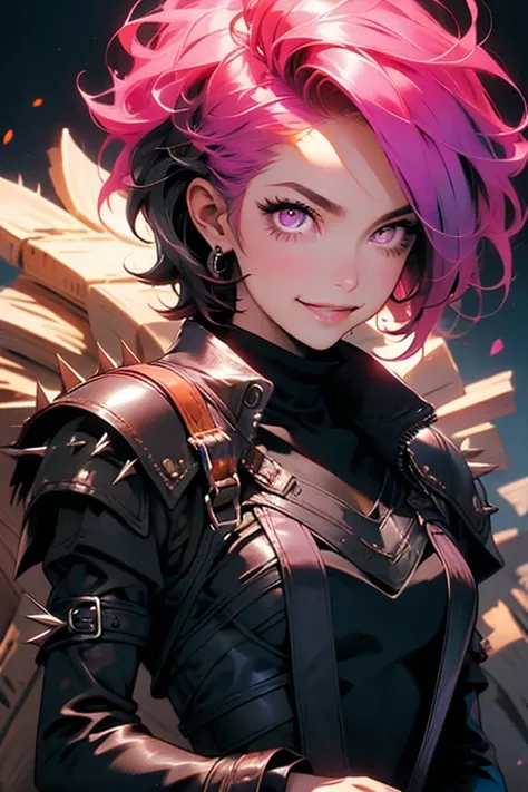 One man. One woman. A handsome man with short black spiky hair with brown eyes in a Gothic suit is smiling with a pink haired woman with violet eyes and an hourglass figure in a Gothic leather dress on a hay bale