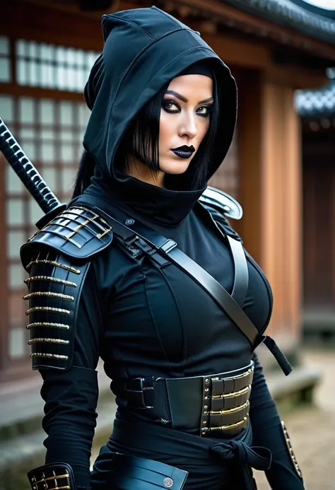 arafed woman in a black sexy outfit and a samurai on back, goth ninja, ninja sexy outfit, mystic ninja, mk ninja, wearing japanese techwear, portrait ninja gaiden girl, epic ninja suit, breasts on netfish, shinobi, photograph of a techwear woman, inspired ...