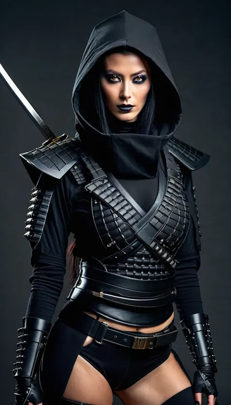 arafed woman in a black sexy outfit and a samurai on back, goth ninja, ninja sexy outfit, mystic ninja, mk ninja, wearing japanese techwear, portrait ninja gaiden girl, epic ninja suit, breasts on netfish, shinobi, photograph of a techwear woman, inspired ...