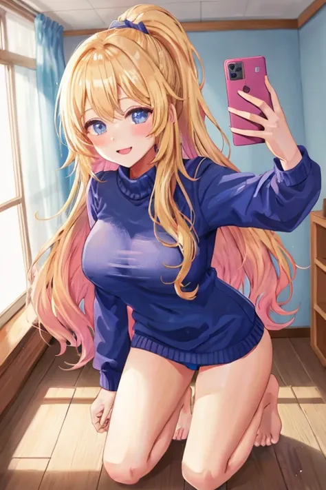 Uma garota bonita tirando uma Selfie com seu telefone, anime girl, in the classroom, blonde hair, gradient hair with blue tips, Long hair, ponytail, wavy hair, asymmetrical fringe, shiny hair,  blue eyes, bright eyes, bright pupils,  smile, Blush, smile se...