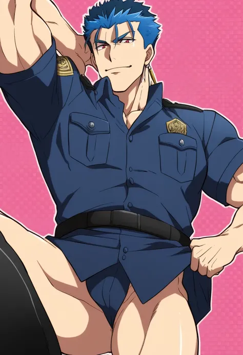 cu Chulainn Lancer blue dressed as a muscular police officer with red eyes anime with a flirtatious look showing a small butt