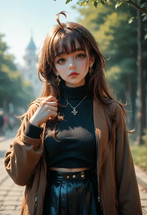 rolua,, , 1girl, ahoge, bangs, black skirt, black sweater, blue nails, blurry, blurry background, sagging breasts, brown eyes, brown hair, brown jacket, closed mouth, dated, day, depth of field, earrings, eyelashes, hand up, head tilt, jacket, jewelry, lon...