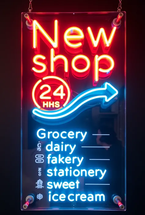 Create a neon light design for a sign displayed on a transparent acrylic sheet (size: 8 feet by 4 feet). The design should resemble the attached reference image, but with the following changes:

The top section should feature the shop name in bold, bright ...