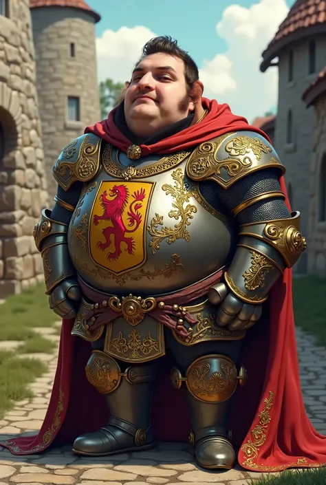 a retard wearing ornate medieval armor named paulo kogos, he is short fat, has short dark hair, has a shaved beard