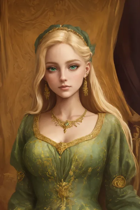 oil painting, oile painting portrait of a beautiful young blond woman with piercing green eyes, lush blond hair, and delicate facial features, arianna grande, 1girl, elegant portrait, detailed face, intricate jewelry, ornate dress, medieval fantasy, cinema...