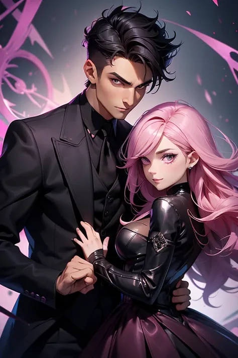 One man. One woman. A handsome man with short black spiky hair with brown eyes in a Gothic suit is smiling with a pink haired woman with violet eyes and an hourglass figure in a Gothic leather dress on a hay bale
