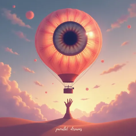 Create an album cover for a track titled Parallel Dreams. The scene shows a floating, giant hot air balloon in the shape of a human eye, hovering in the sky over a tranquil desert. The balloon’s iris glows in a deep gradient of sunset orange and pink, refl...