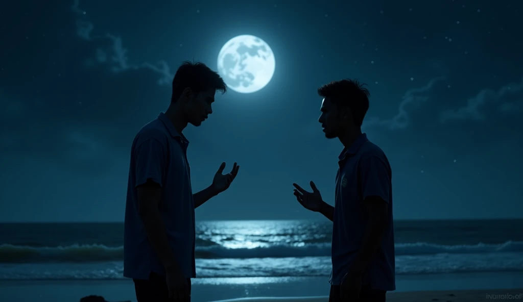 Seen from a distance, two Indonesian men are discussing something serious on the beach, their hands slightly raised, at night, tense expressions, under the twinkling stars and the roar of the waves. 