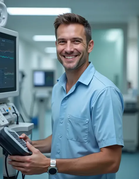 A hyper-realistic 32k resolution image of a 3 man performing maintenance on hospital equipment, looking directly at the camera with a smile on his face. He is wearing a light blue short-sleeved dress shirt and holding a piece of hospital clinical equipment...