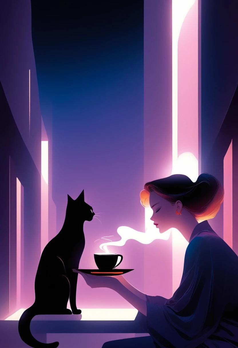 sexy hot girl drinking coffee with pet cat corridor system in futuristic city structure ass normal and singer control system sha...