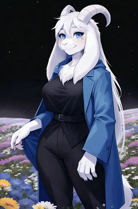 woman, young adult, alone, in a field of flowers, furry, goat, anthropomorphic goat, Asriel, Undertale ((Asriel Dreemurr)), big breasts, big ass, wide hips, perfect female body, tall, ((long hair, long white hair, straight hair )), blue eyes, anthropomorph...