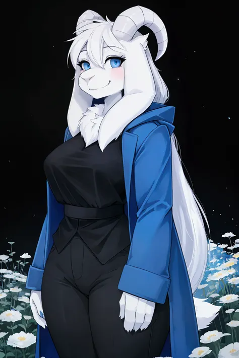 woman, young adult, alone, in a field of flowers, furry, goat, anthropomorphic goat, Asriel, Undertale ((Asriel Dreemurr)), big breasts, big ass, wide hips, perfect female body, tall, ((long hair, long white hair, straight hair )), blue eyes, anthropomorph...