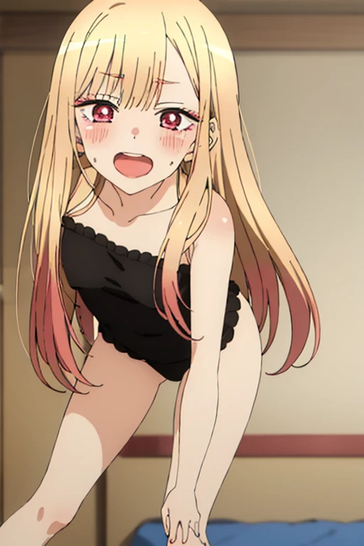 ((Best Quality)), ((masterpiece)), (be familiar with), Perfect Face, indoor, bedroom, Watching the audience,
One woman, Kitagawa Marin,
Open Mouth, Ecstatic expression, blush, smile,
Small breasts, Flat Chest, , , child, Girl,
Long Hair, Long Hair,
Leg spr...